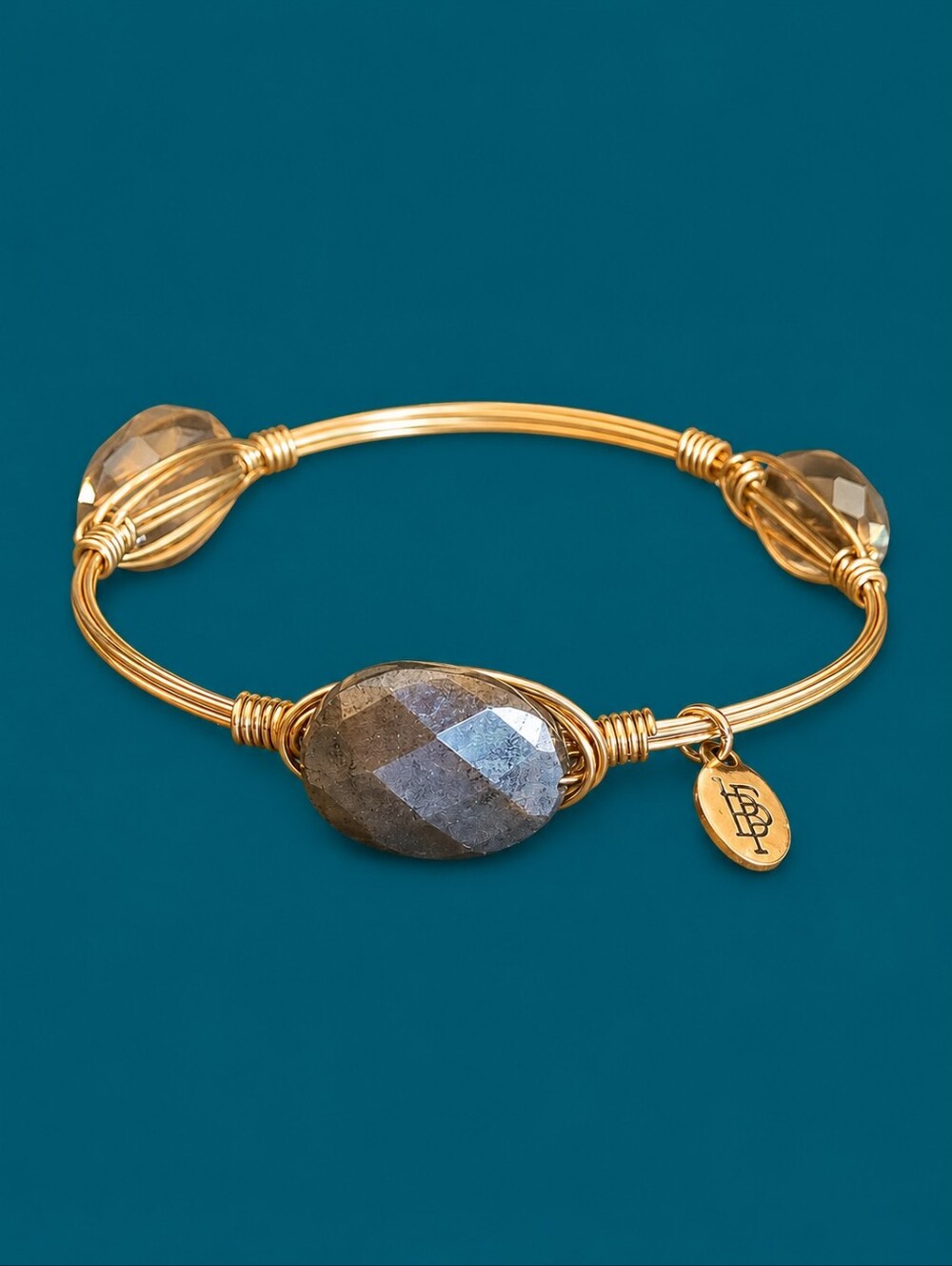 BOURBON & BOWTIES Faceted Oval Metal Bead Wire Wrap Bangle Bracelet
